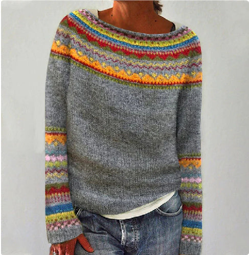 Women's Fashion Round Neck Multicolor Loose Leisure Pullover Knitwear Sweater