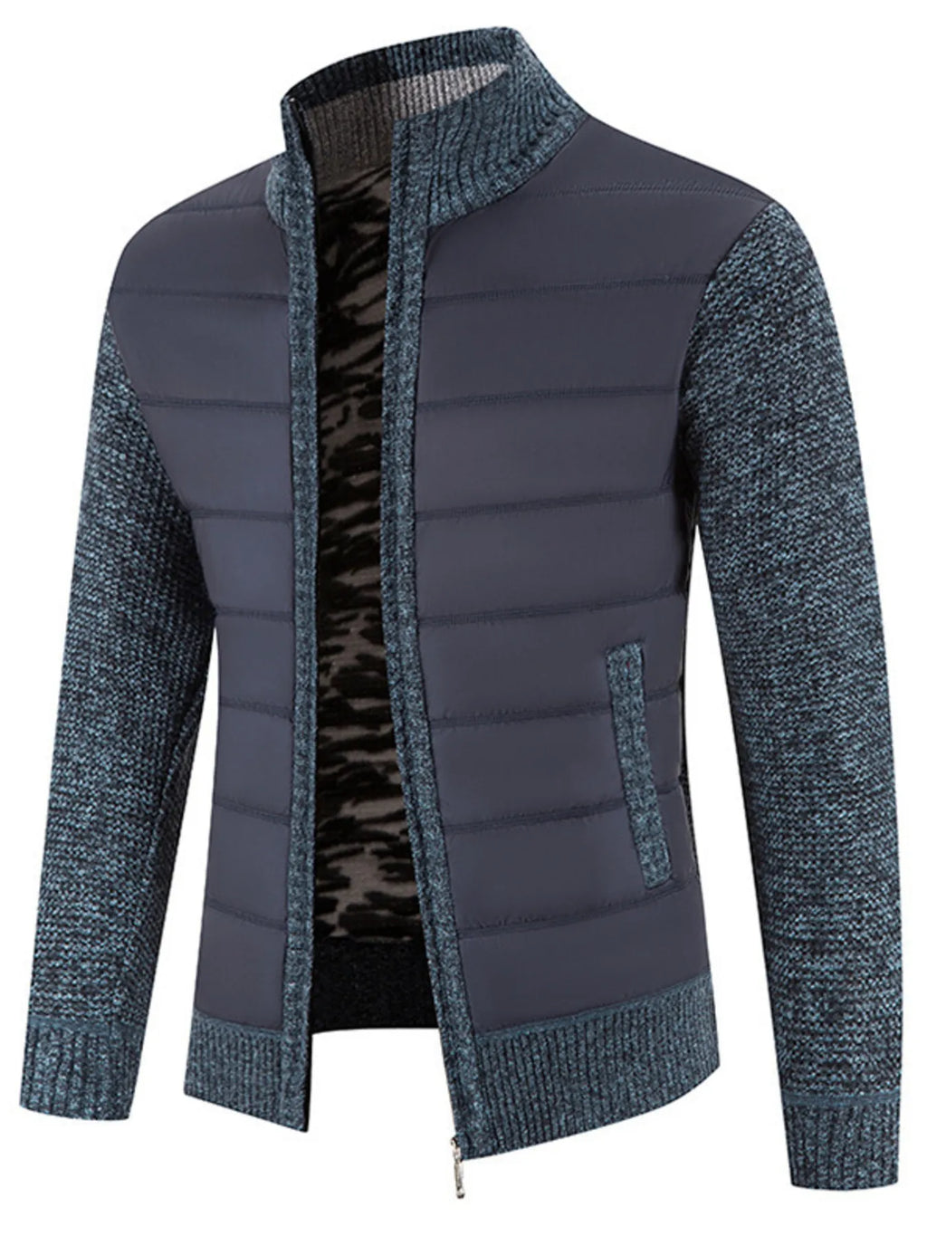 Men's Plus Size Quilted Knit Bomber Jacket with Stand Collar by Trendsi