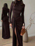Turtleneck Long Sleeve Slit Maxi Dress by Trendsi
