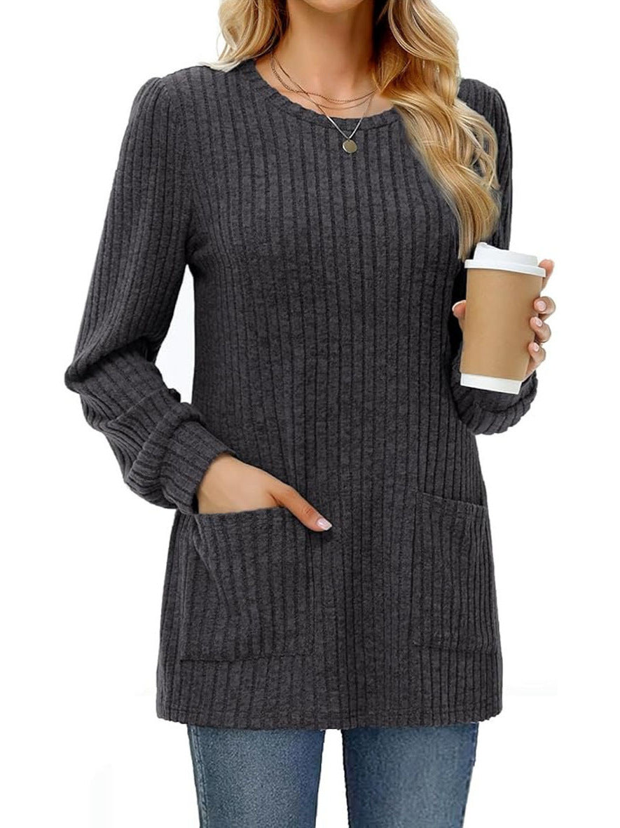 Mid-length Sweater Round Neck Sunken Stripe Solid Color Pocket Top