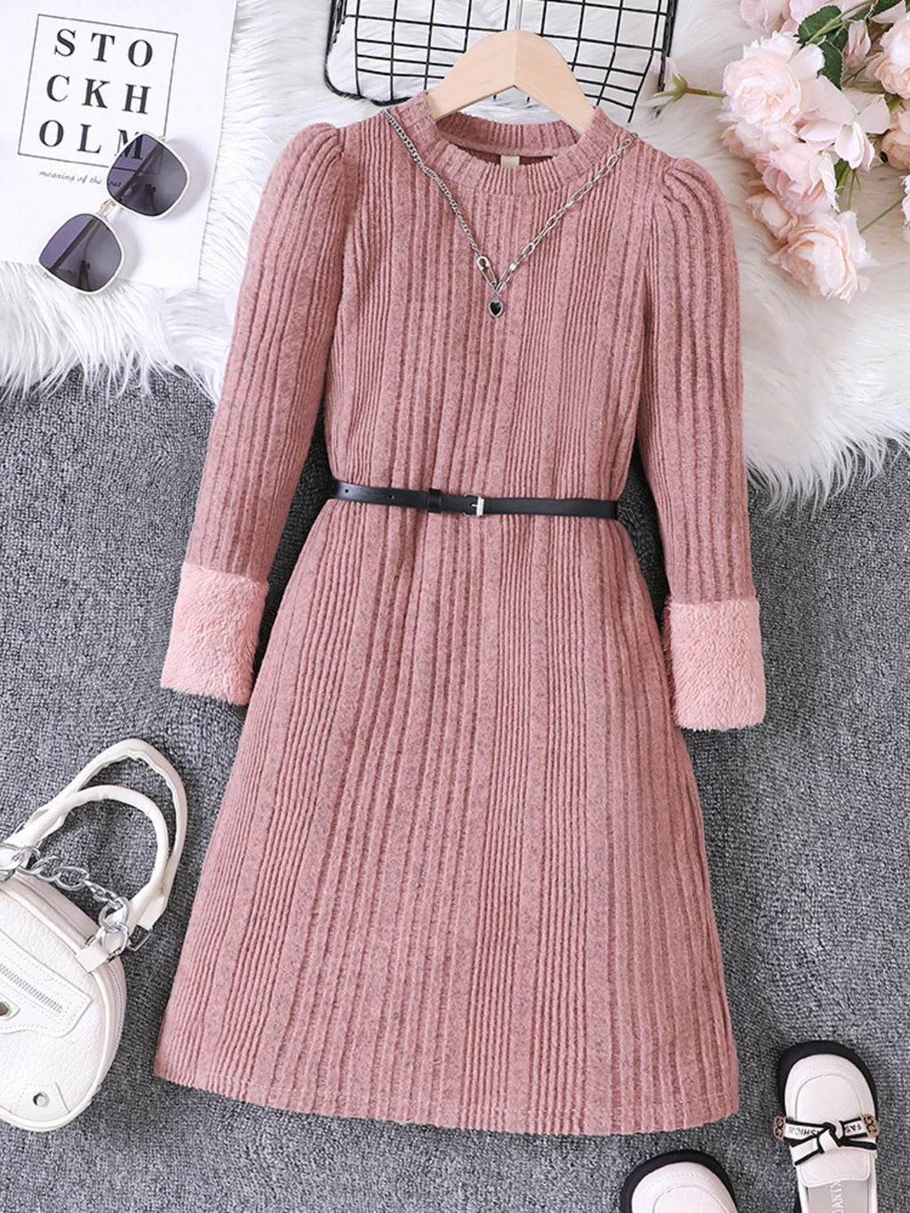 Children's Ribbed Knit Long Sleeve Dress by Trendsi