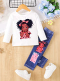 Children's Cartoon Girl Long Sleeve Top & Jeans Set by Trendsi