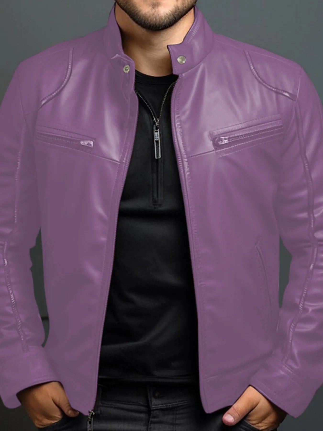 Men's Full Size Leather Motorcycle Jacket with Zipper Front Plus Size by Trendsi