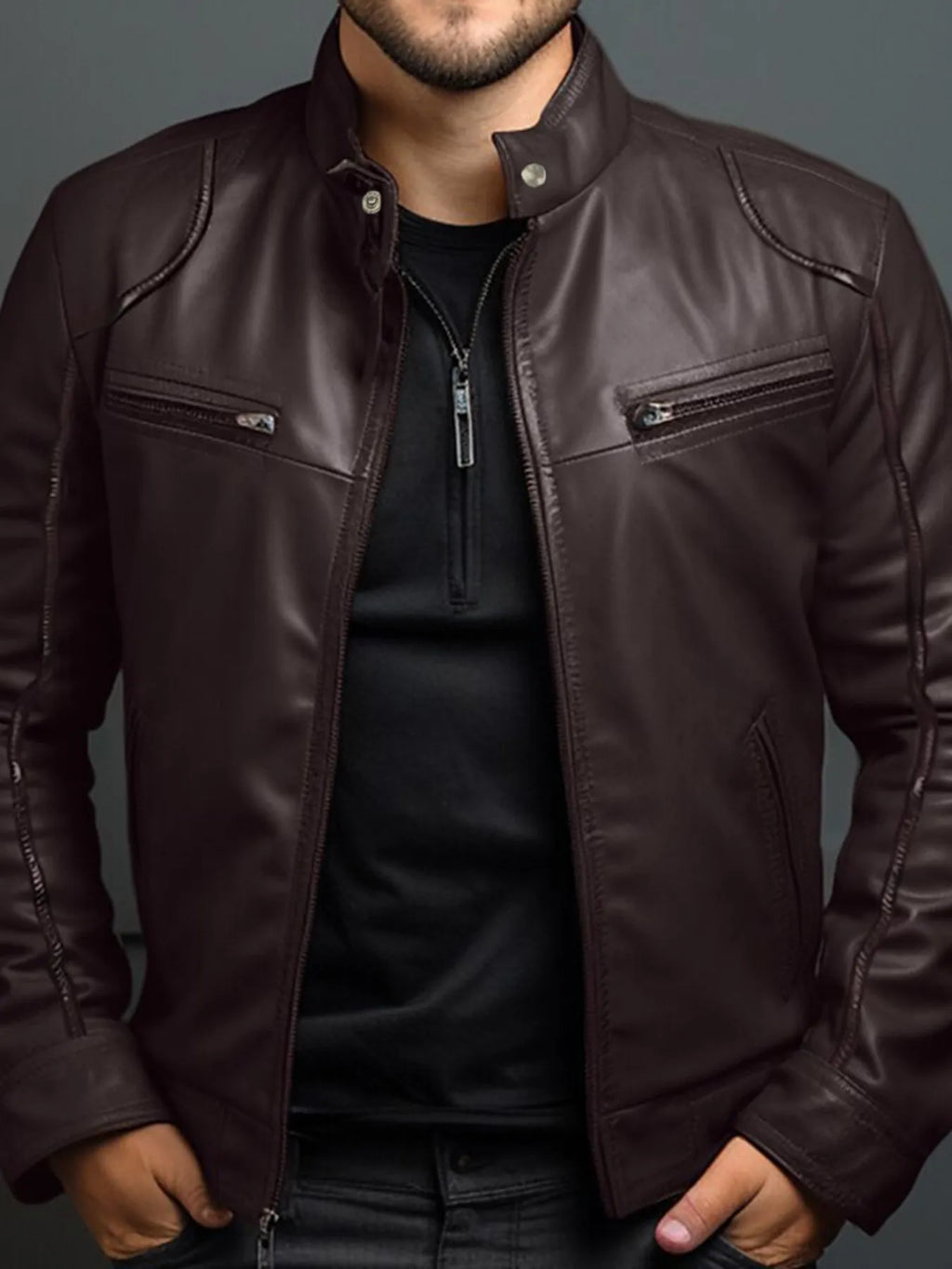 Men's Full Size Leather Motorcycle Jacket with Zipper Front Plus Size by Trendsi