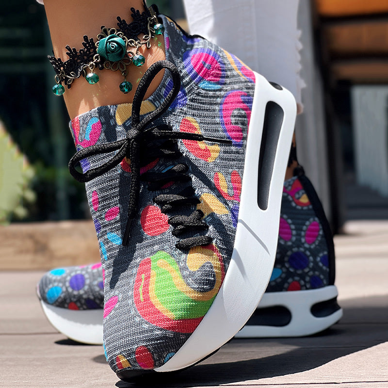 Women's Random Print Side Lace-Up Elastic Sport Shoes, Comfortable Slip-On Sneakers For Women, Casual Daily Wear Footwear