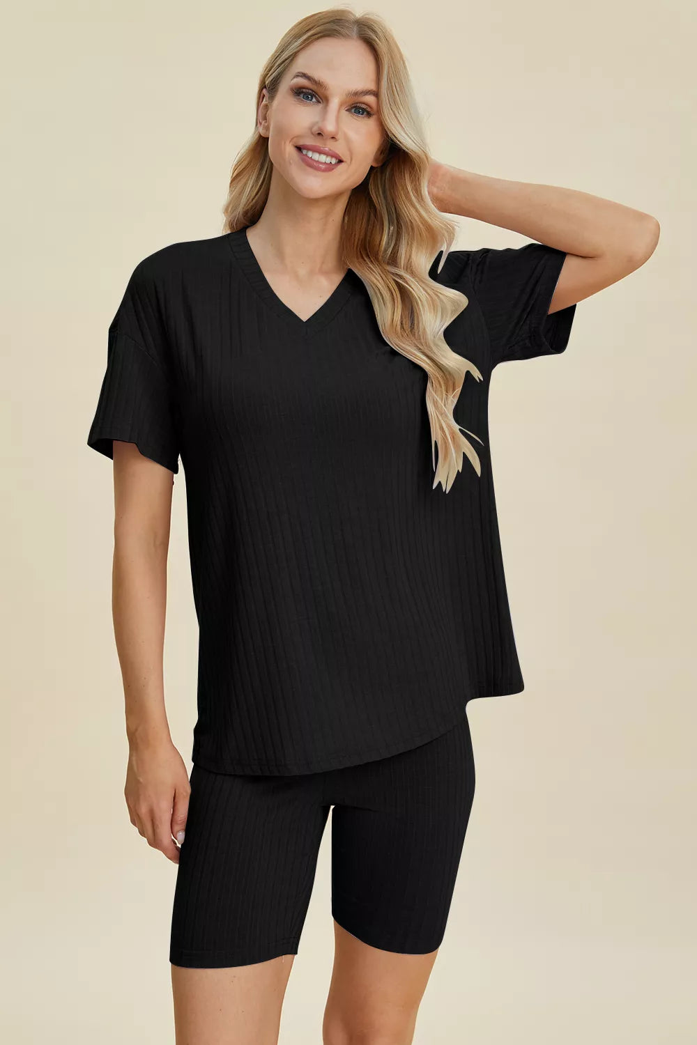 Basic Bae Full Size Ribbed V-Neck Short Sleeve Top and Shorts Set by Trendsi