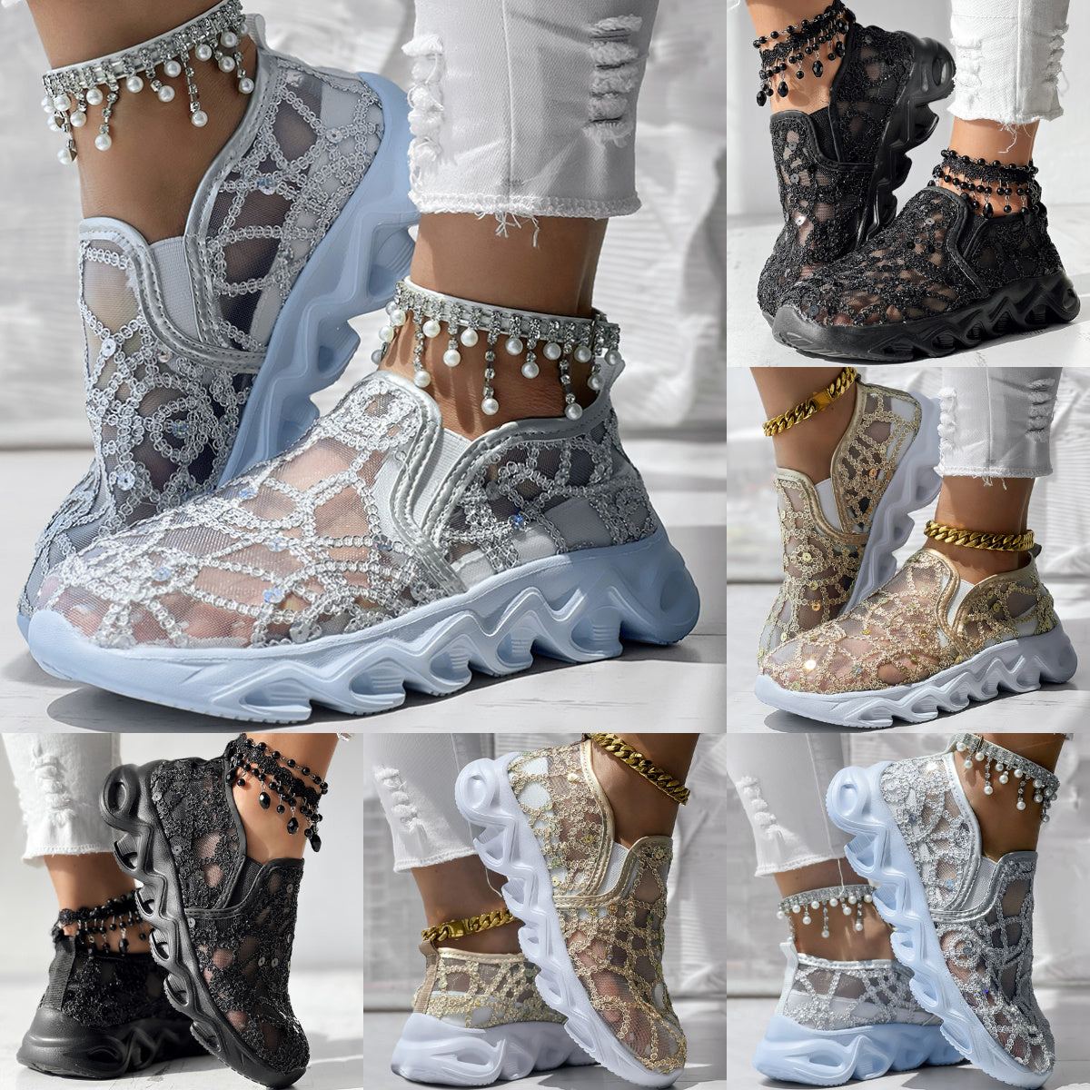 Contrast Glitter Transparent Mesh Patch Breathable Sneakers - Without Ankle Strap