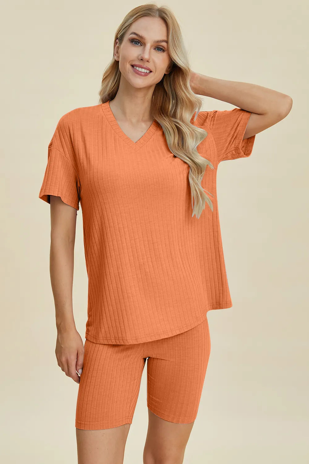 Basic Bae Full Size Ribbed V-Neck Short Sleeve Top and Shorts Set by Trendsi