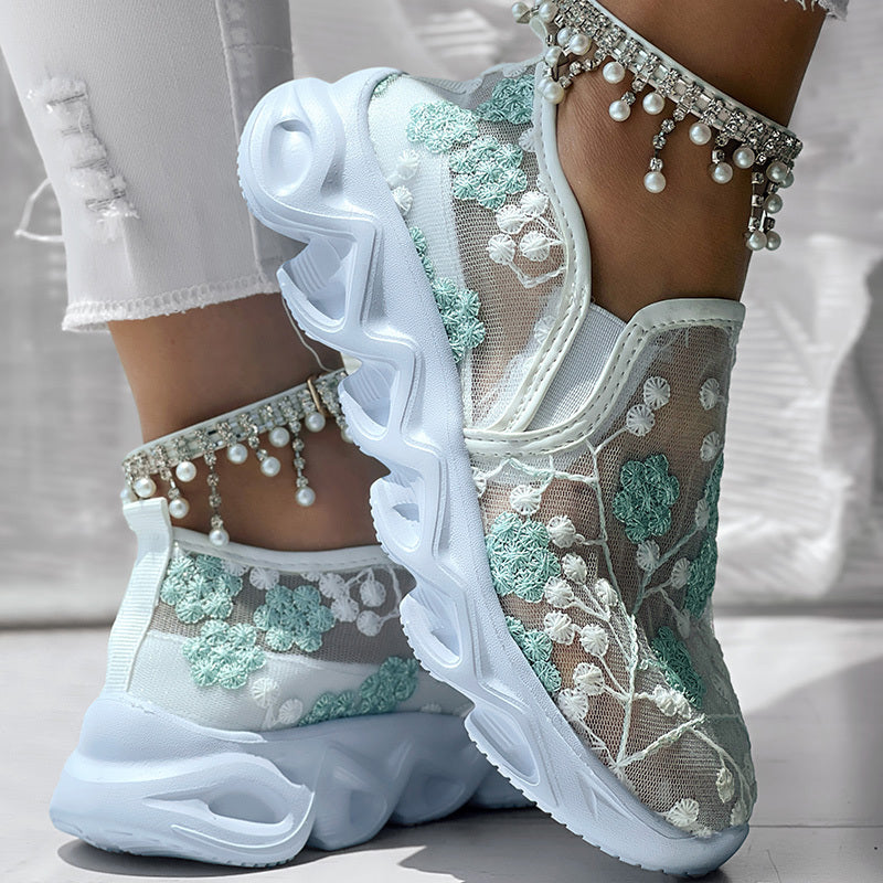 Contrast Glitter Transparent Mesh Patch Breathable Sneakers - Without Ankle Strap