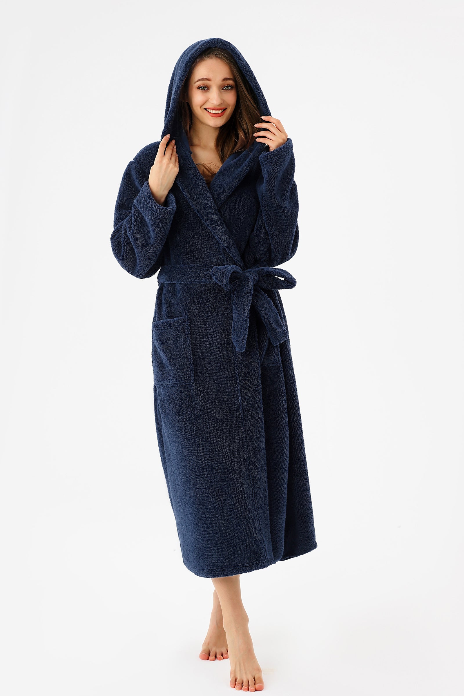 RONGTAI Womens Hooded Robe Long Plush Fleece Bathrobe With Pockets Nightwear S-XXL