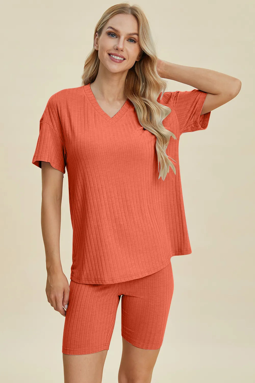 Basic Bae Full Size Ribbed V-Neck Short Sleeve Top and Shorts Set by Trendsi