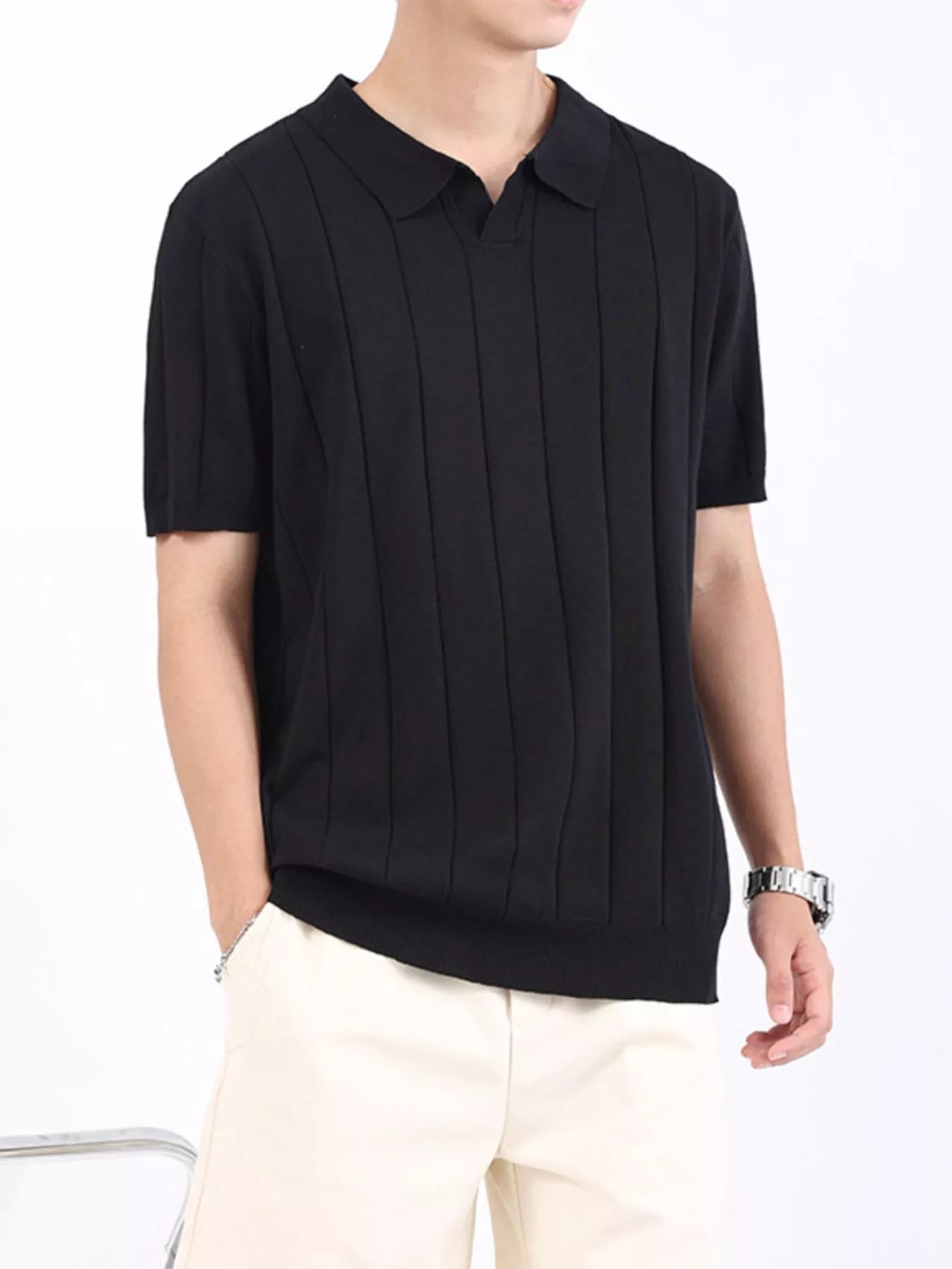Men's Plus Size Ribbed Knit Short Sleeve Polo by Trendsi