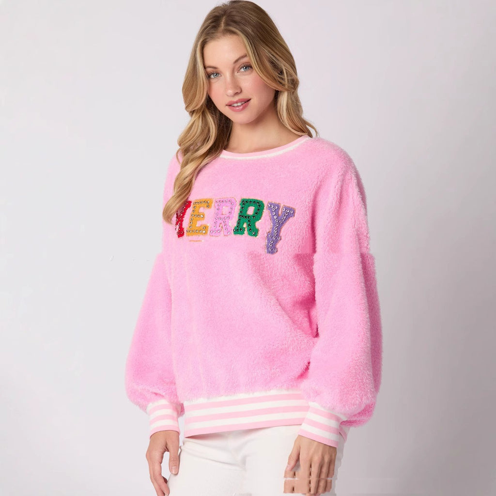 Letter Rhinestone Long Sleeve Pullover Hoodie Round Neck