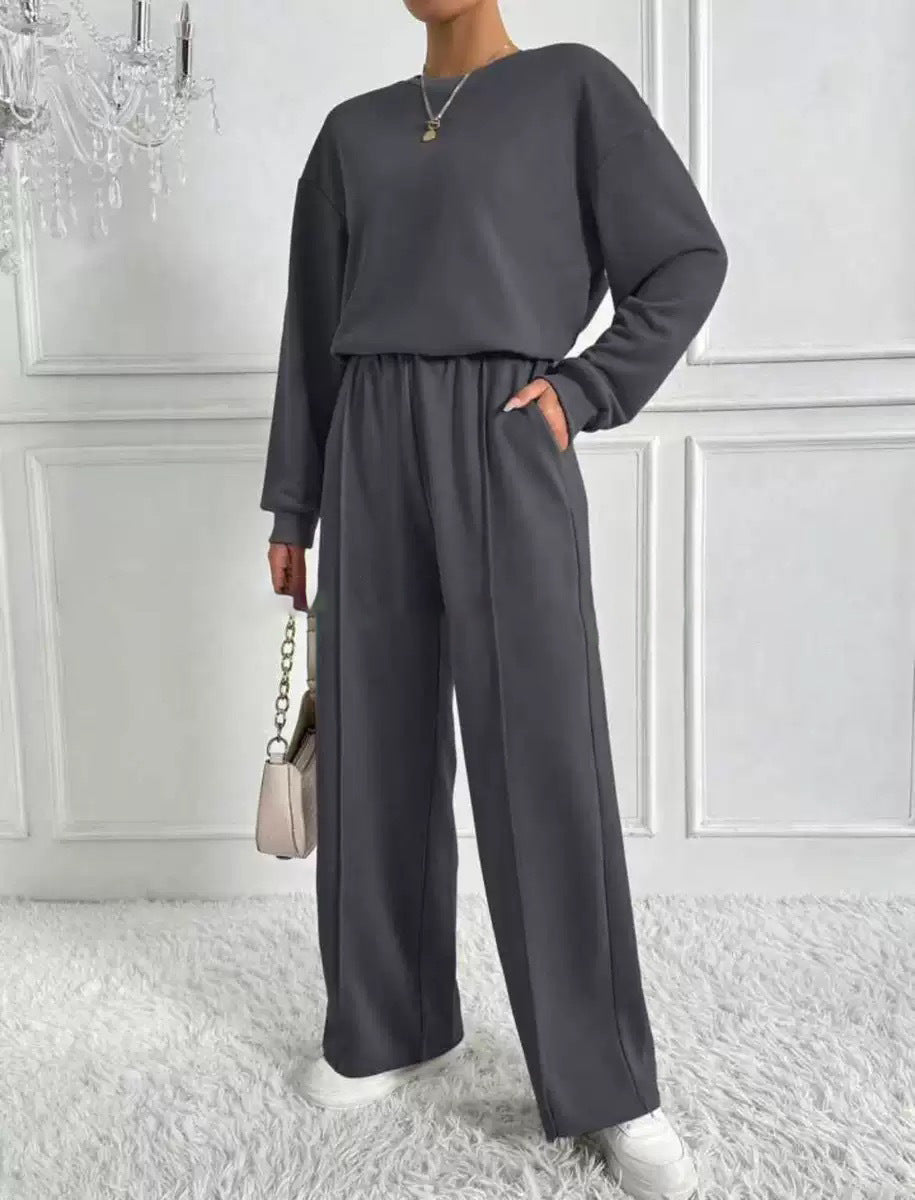 Women's Round Neck Long-sleeved Trousers Temperament Twinset by DC-THE CEO