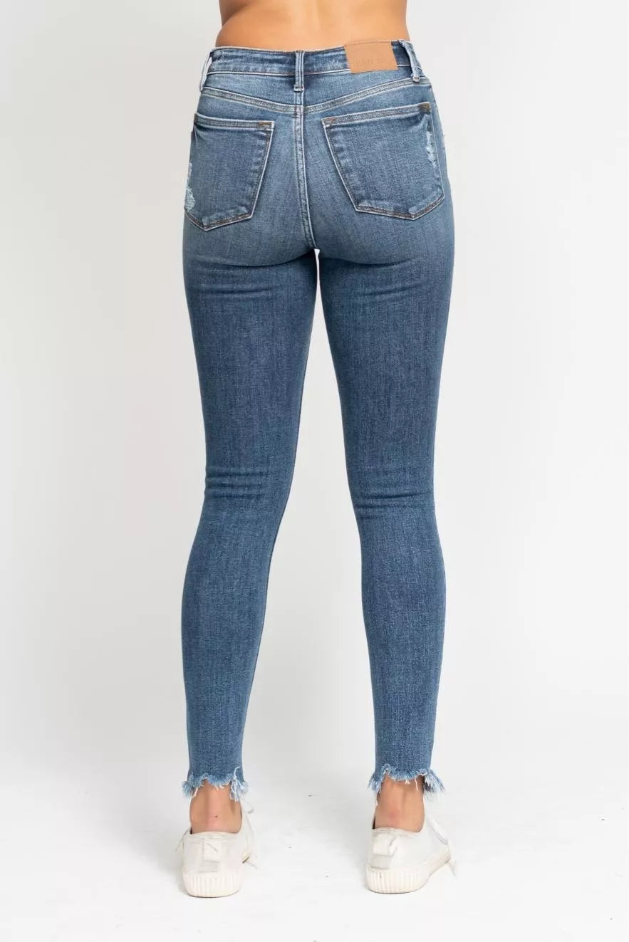Judy Blue High Waist Skinny Jeans with Destroy & Shark Bit Hem by Trendsi
