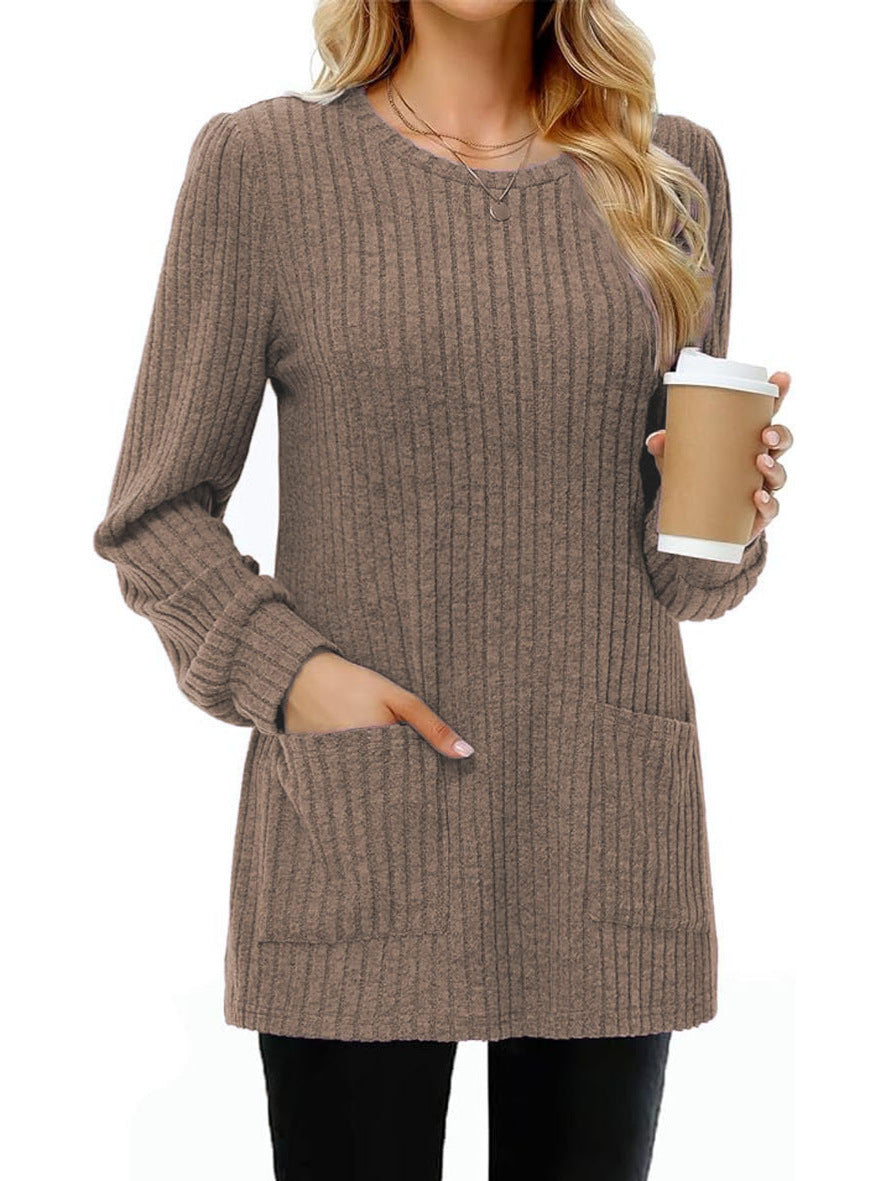 Mid-length Sweater Round Neck Sunken Stripe Solid Color Pocket Top