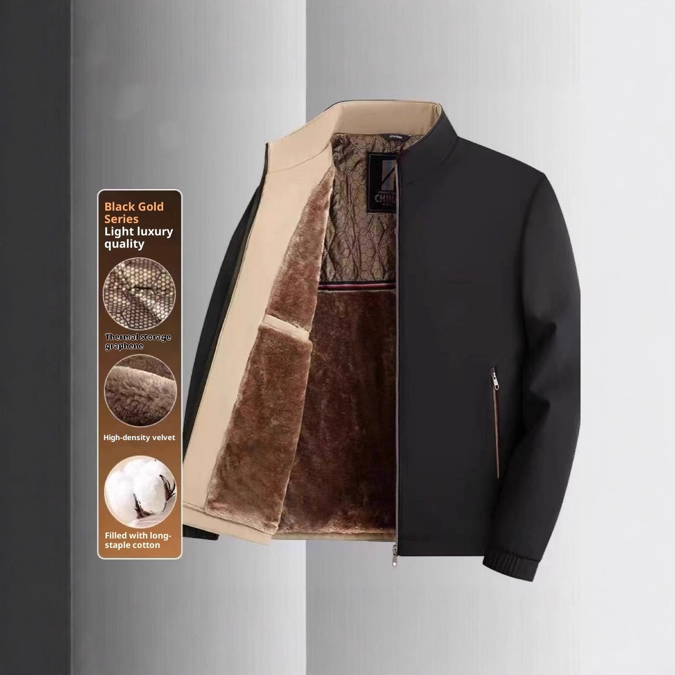 Middle-aged And Elderly Men's Fleece-lined Stand Collar Thickened Mid-aged Graphene Jacket Casual Warm High-end Coat