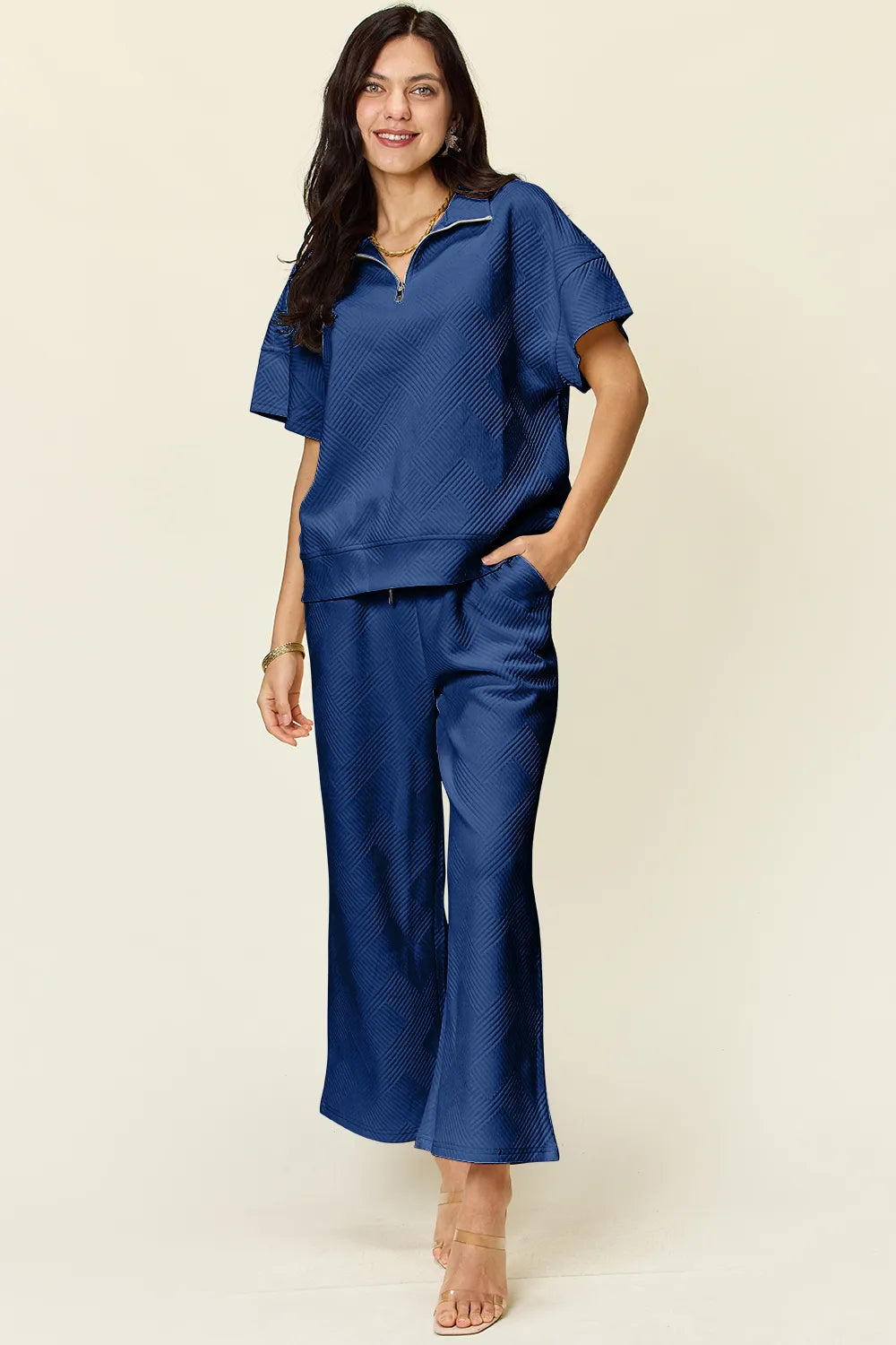 Double Take Full Size Texture Half Zip Short Sleeve Top and Pants Set by Trendsi