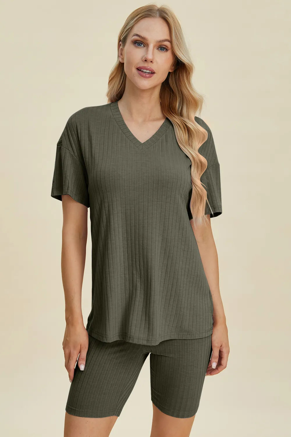 Basic Bae Full Size Ribbed V-Neck Short Sleeve Top and Shorts Set by Trendsi