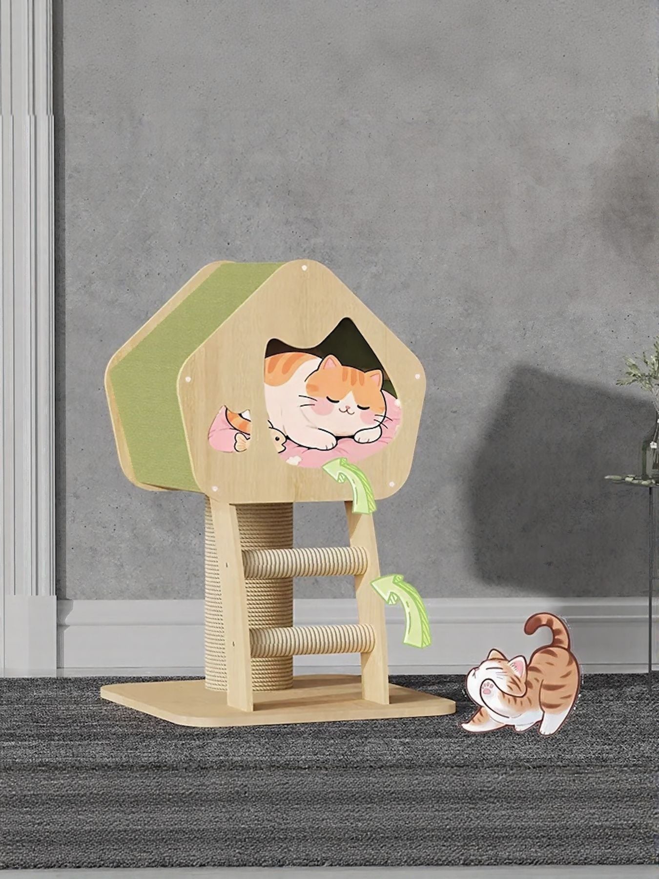 Modern Wooden Cat Condo with Scratching Post by Trendsi