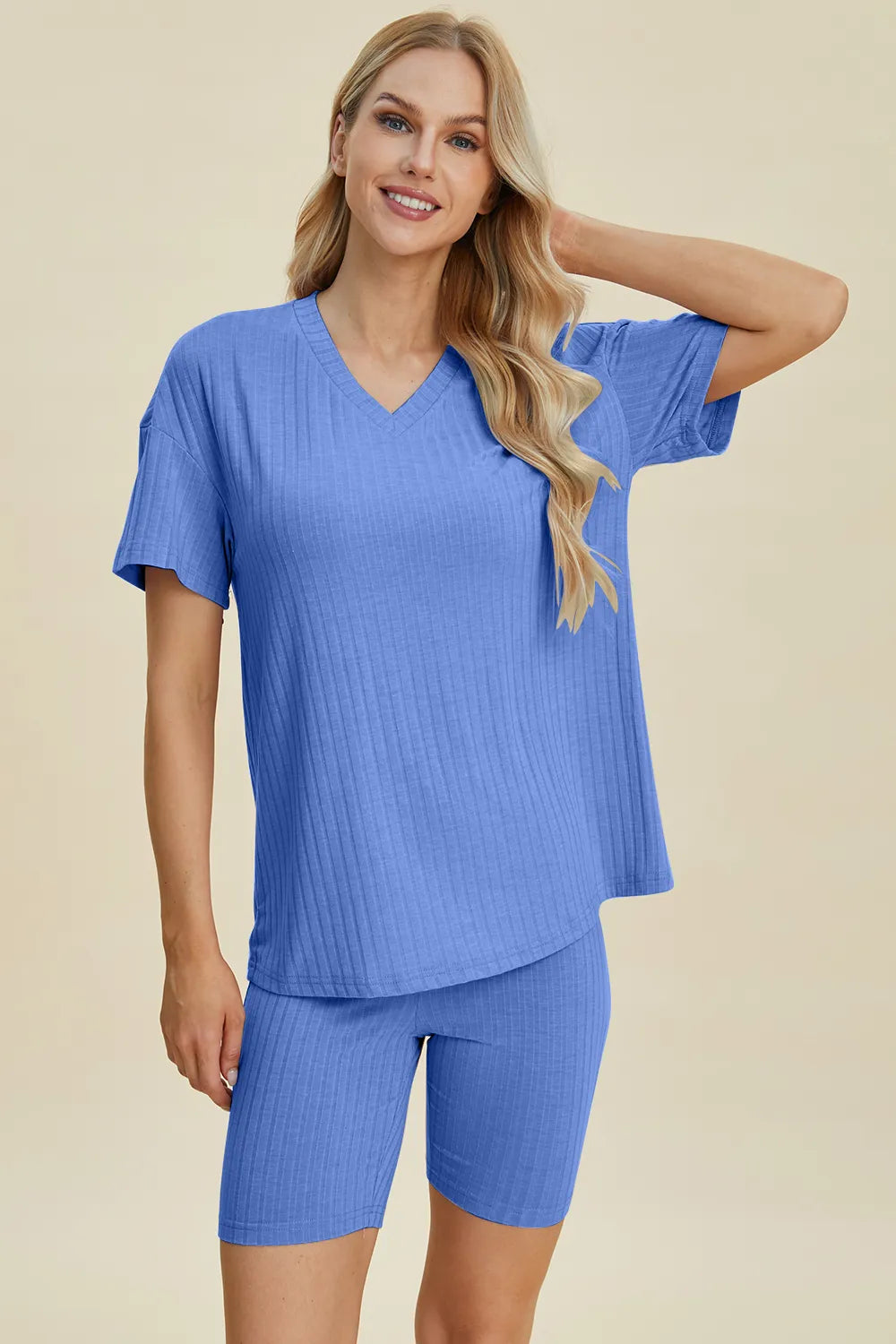 Basic Bae Full Size Ribbed V-Neck Short Sleeve Top and Shorts Set by Trendsi