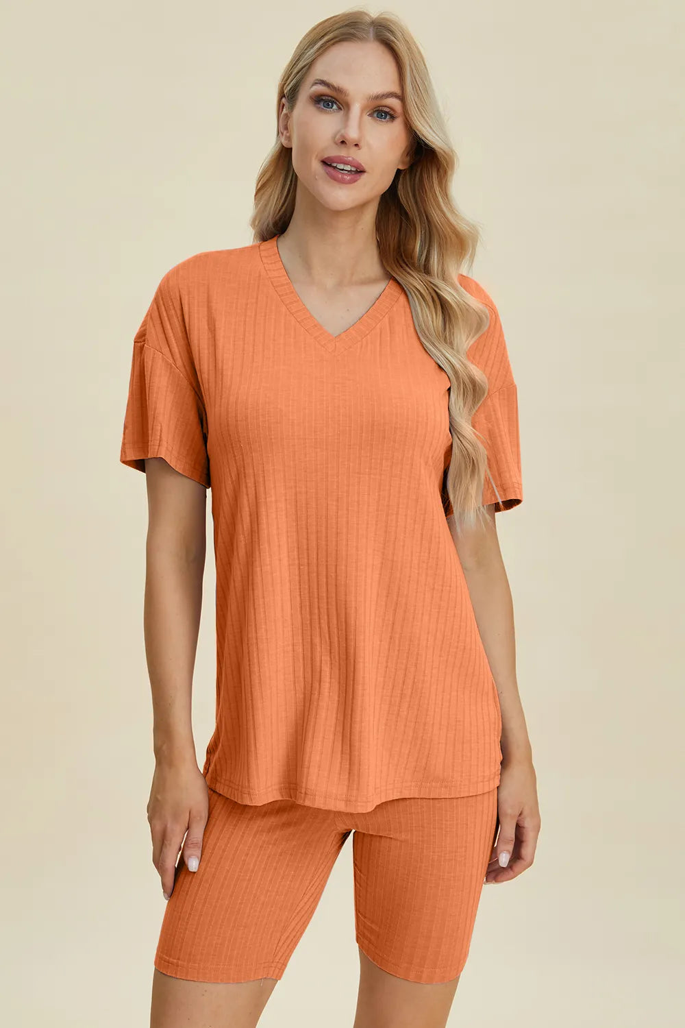 Basic Bae Full Size Ribbed V-Neck Short Sleeve Top and Shorts Set by Trendsi