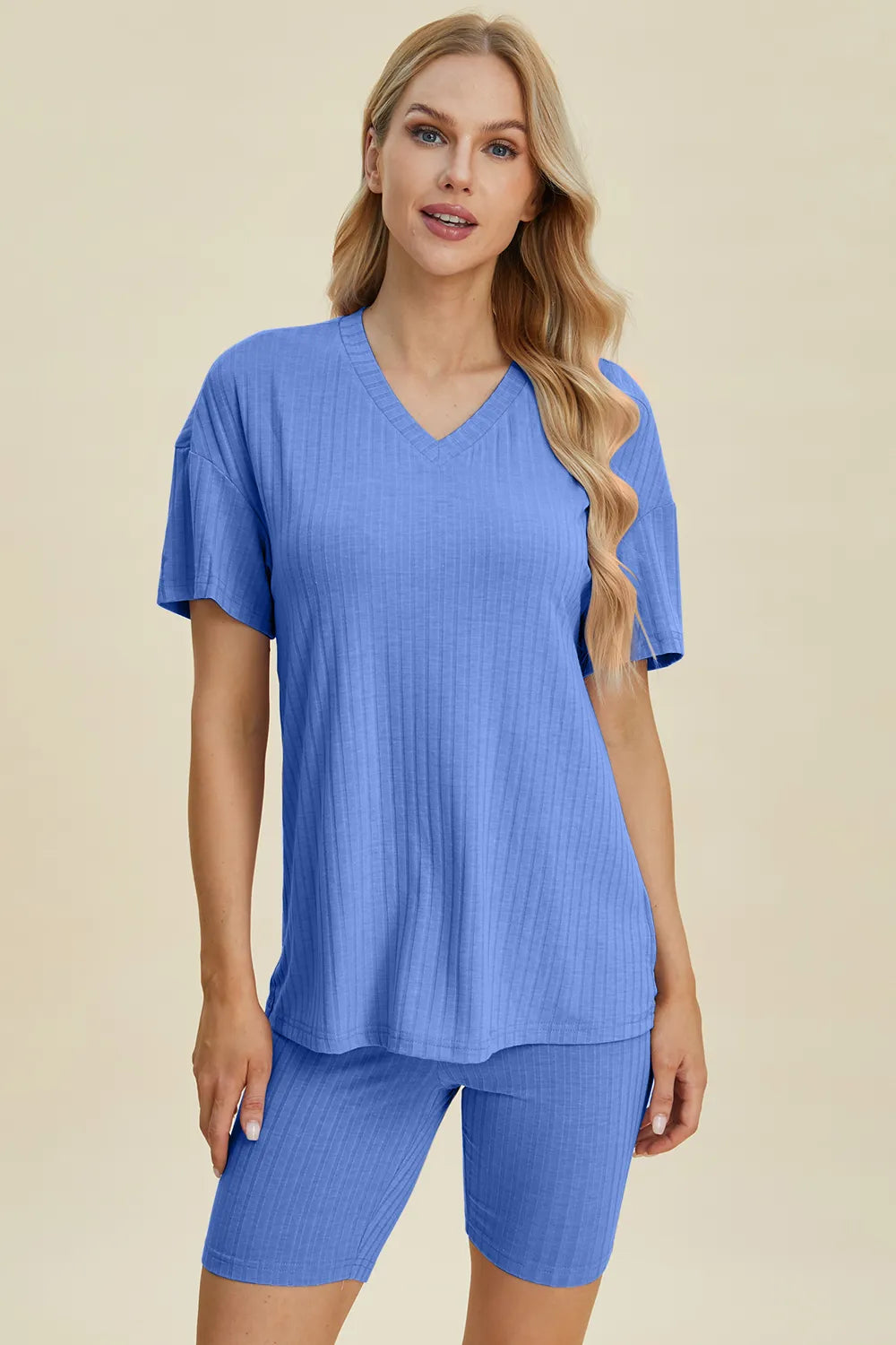 Basic Bae Full Size Ribbed V-Neck Short Sleeve Top and Shorts Set by Trendsi