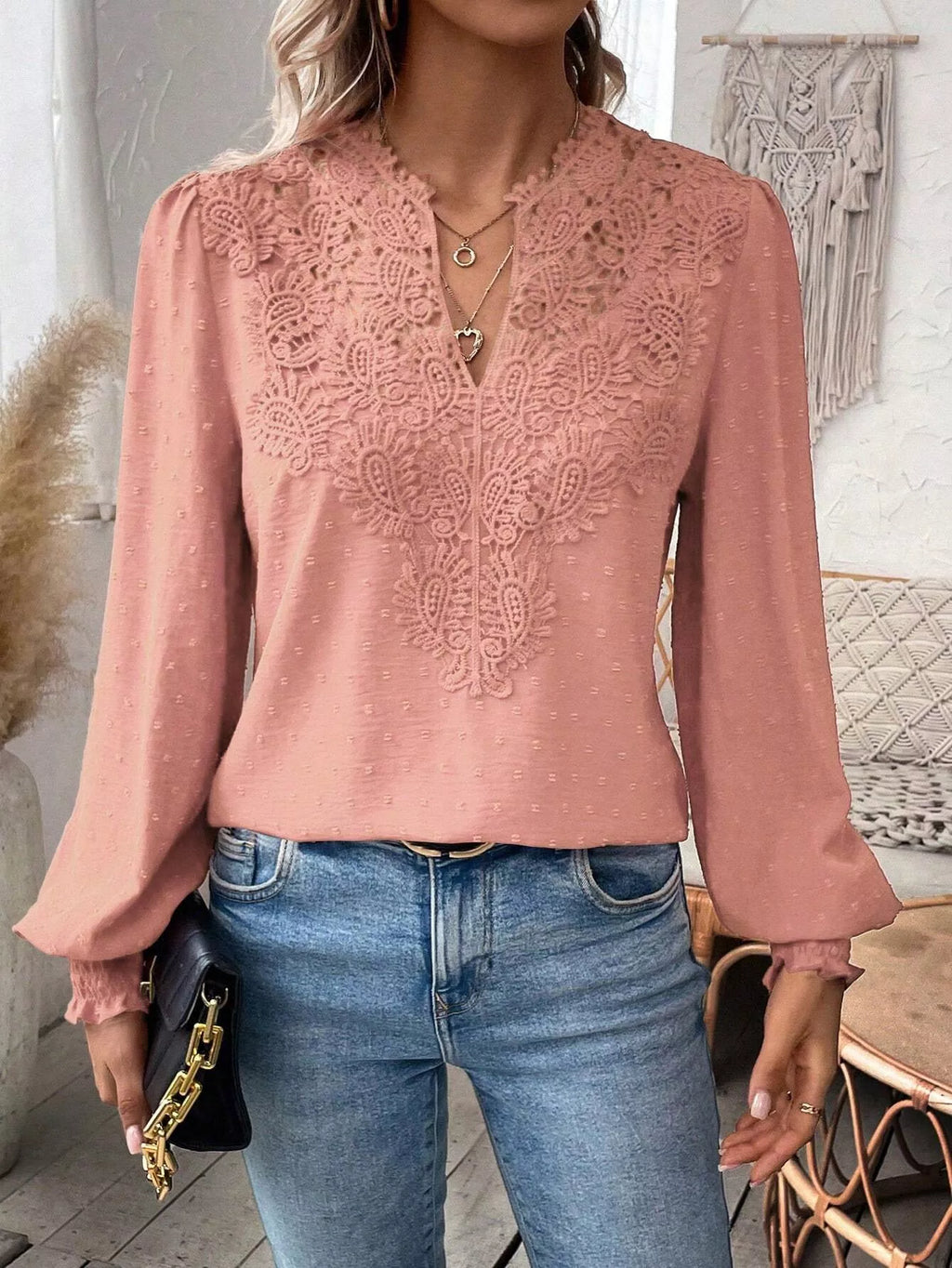 Swiss Dot Lace Detail Long Sleeve Blouse by Trendsi