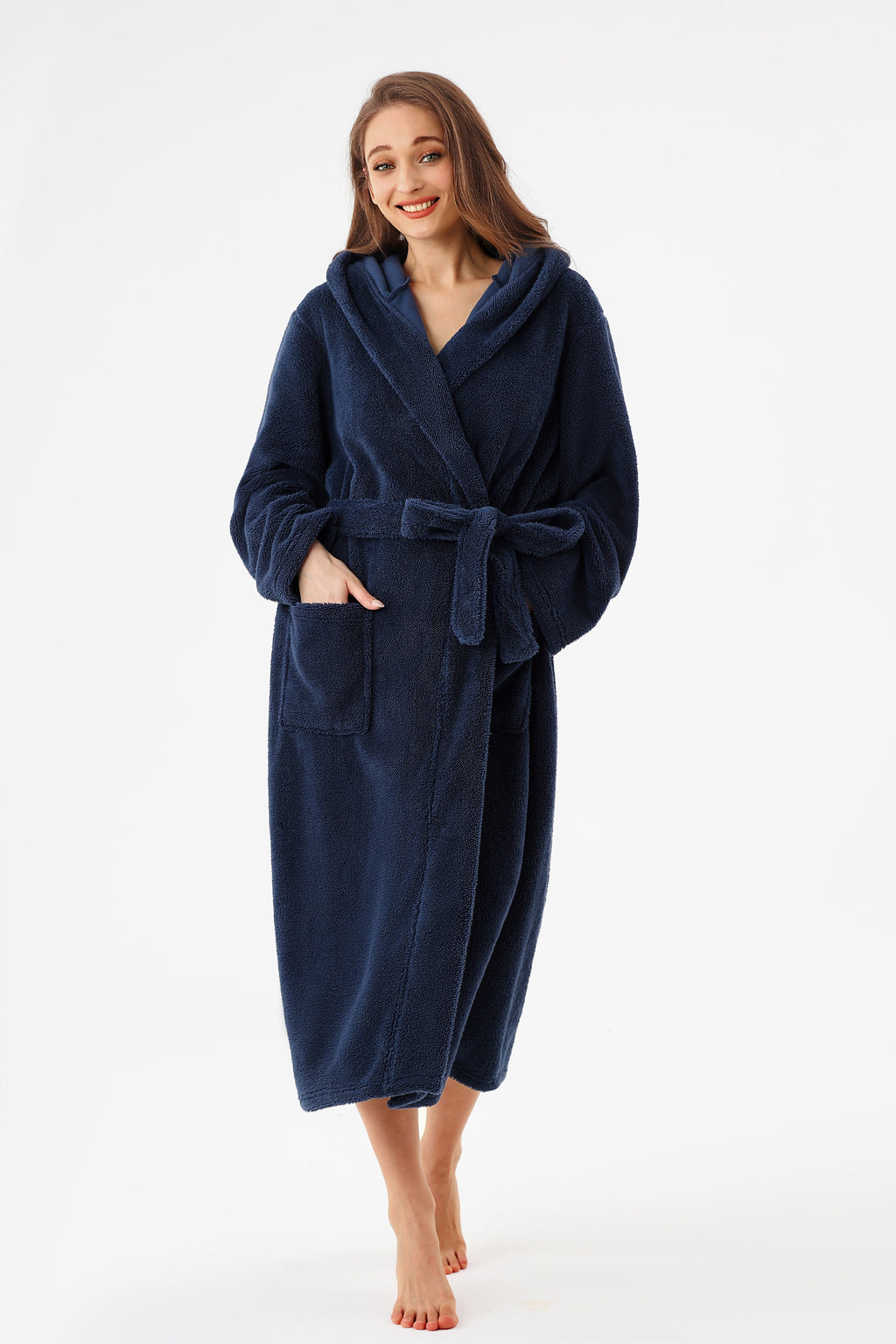 RONGTAI Womens Hooded Robe Long Plush Fleece Bathrobe With Pockets Nightwear S-XXL