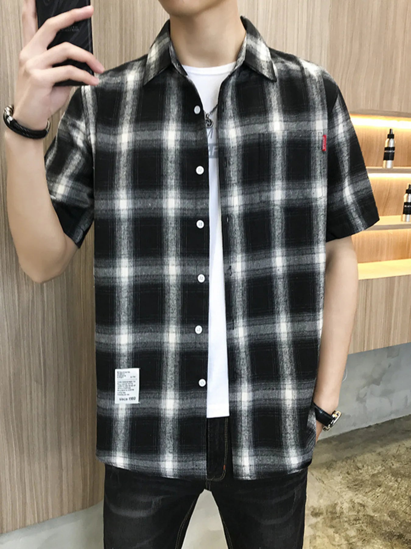 Men's Plus Size Plaid Button-Down Short Sleeve Shirt by Trendsi