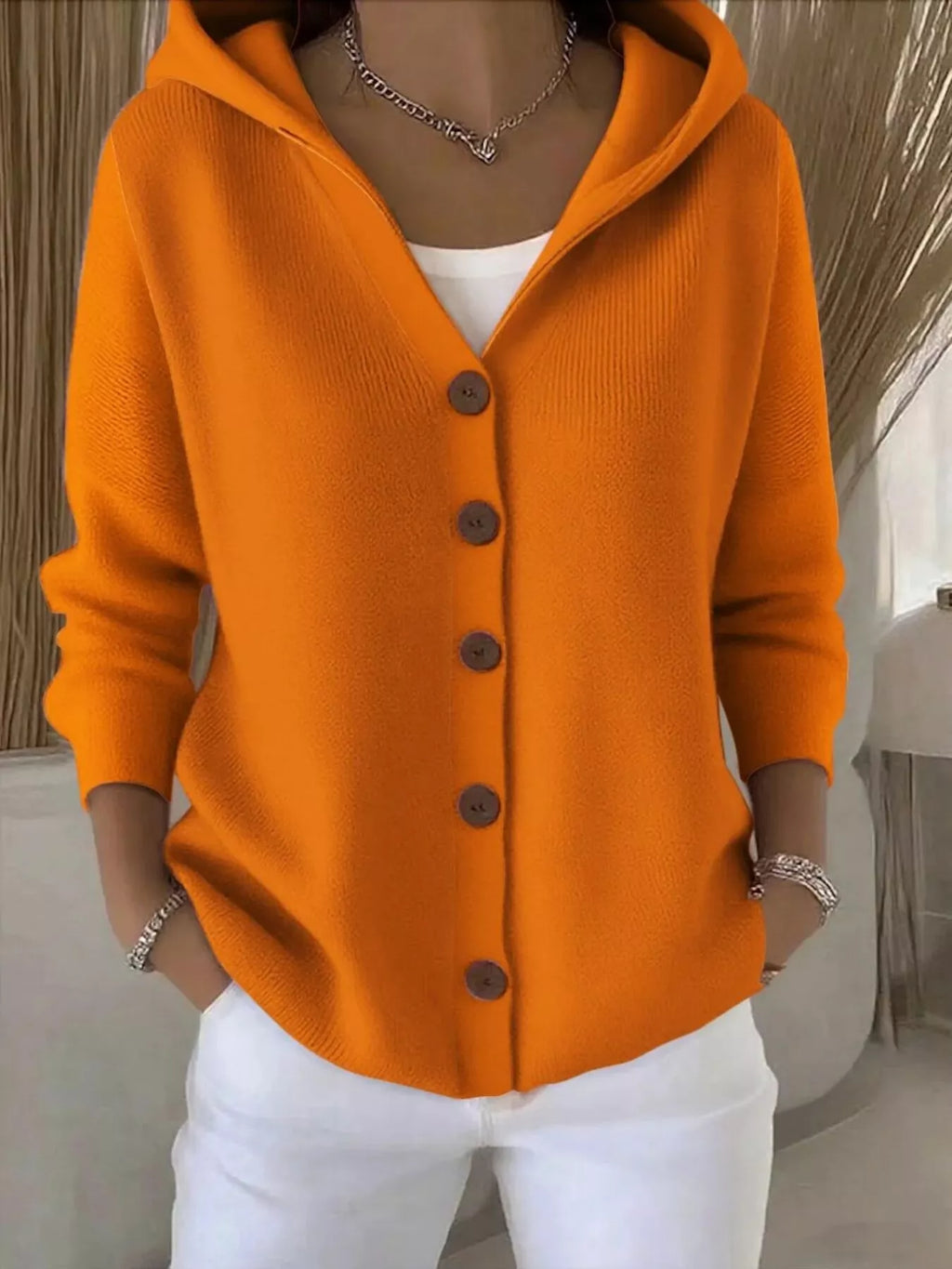 Full Size Hooded Button-Front Soft Knit Cardigan Plus Size by Trendsi