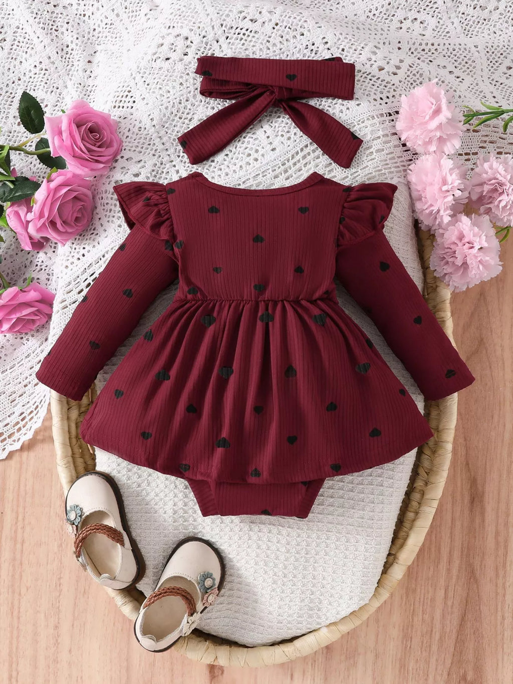 Children's Heart Print Ruffle Trim Bodysuit Dress with Headband by Trendsi