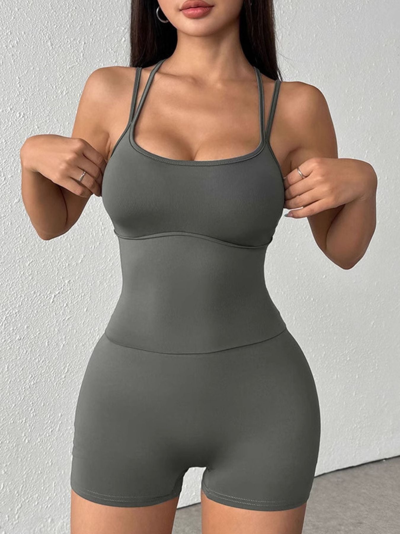 Double Spaghetti Strap Active Romper by Trendsi