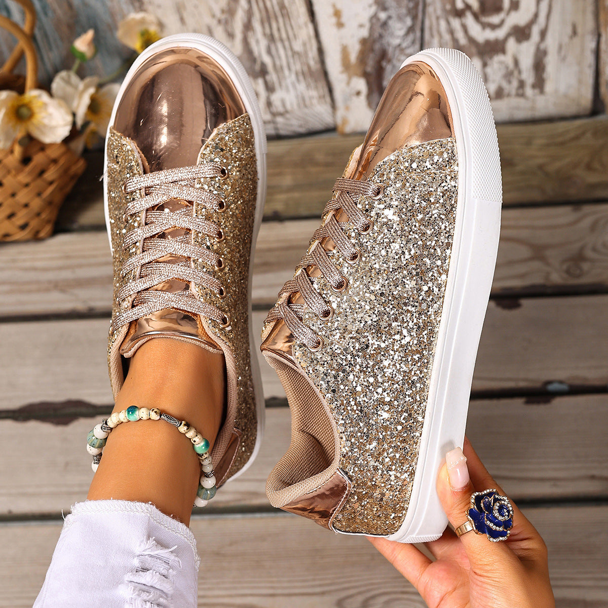 Plus Size Sequined Front Lace-up Solid Color Plus Size Board Shoes