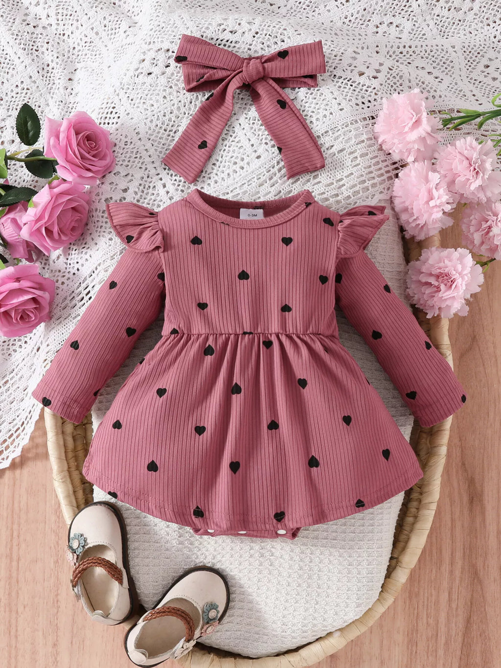 Children's Heart Print Ruffle Trim Bodysuit Dress with Headband by Trendsi