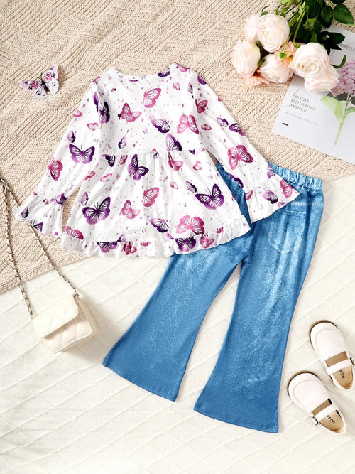 Children's Butterfly Print Top and Flare Pants Set by Trendsi