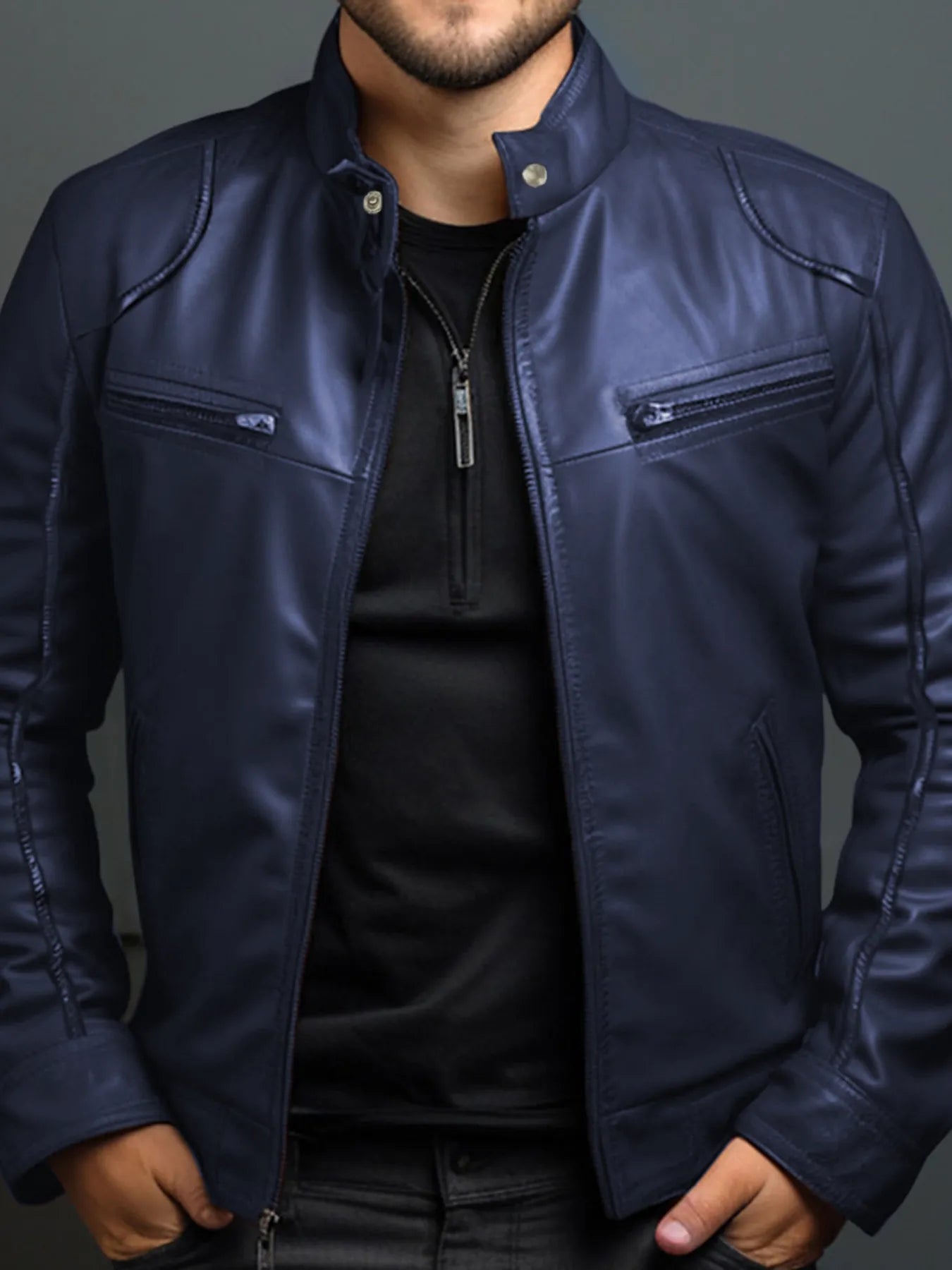 Men's Full Size Leather Motorcycle Jacket with Zipper Front Plus Size by Trendsi
