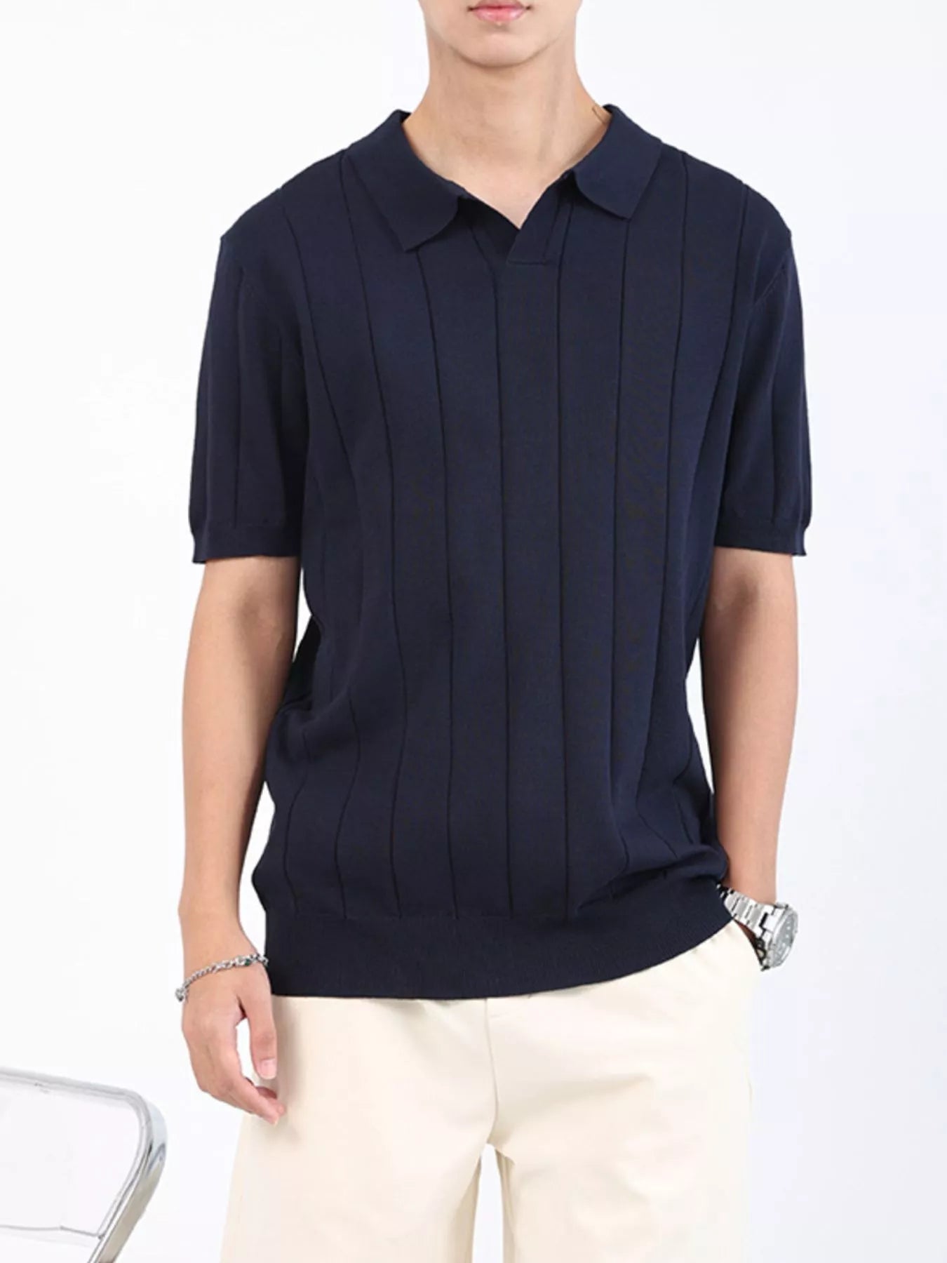 Men's Plus Size Ribbed Knit Short Sleeve Polo by Trendsi