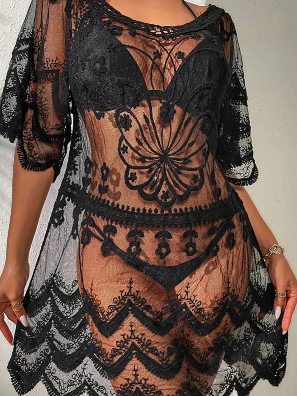 Lace Round Neck Half Sleeve Cover-Up by Trendsi