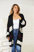 Perfee Striped Rib-Knit Drop Shoulder Open Front Cardigan by Trendsi