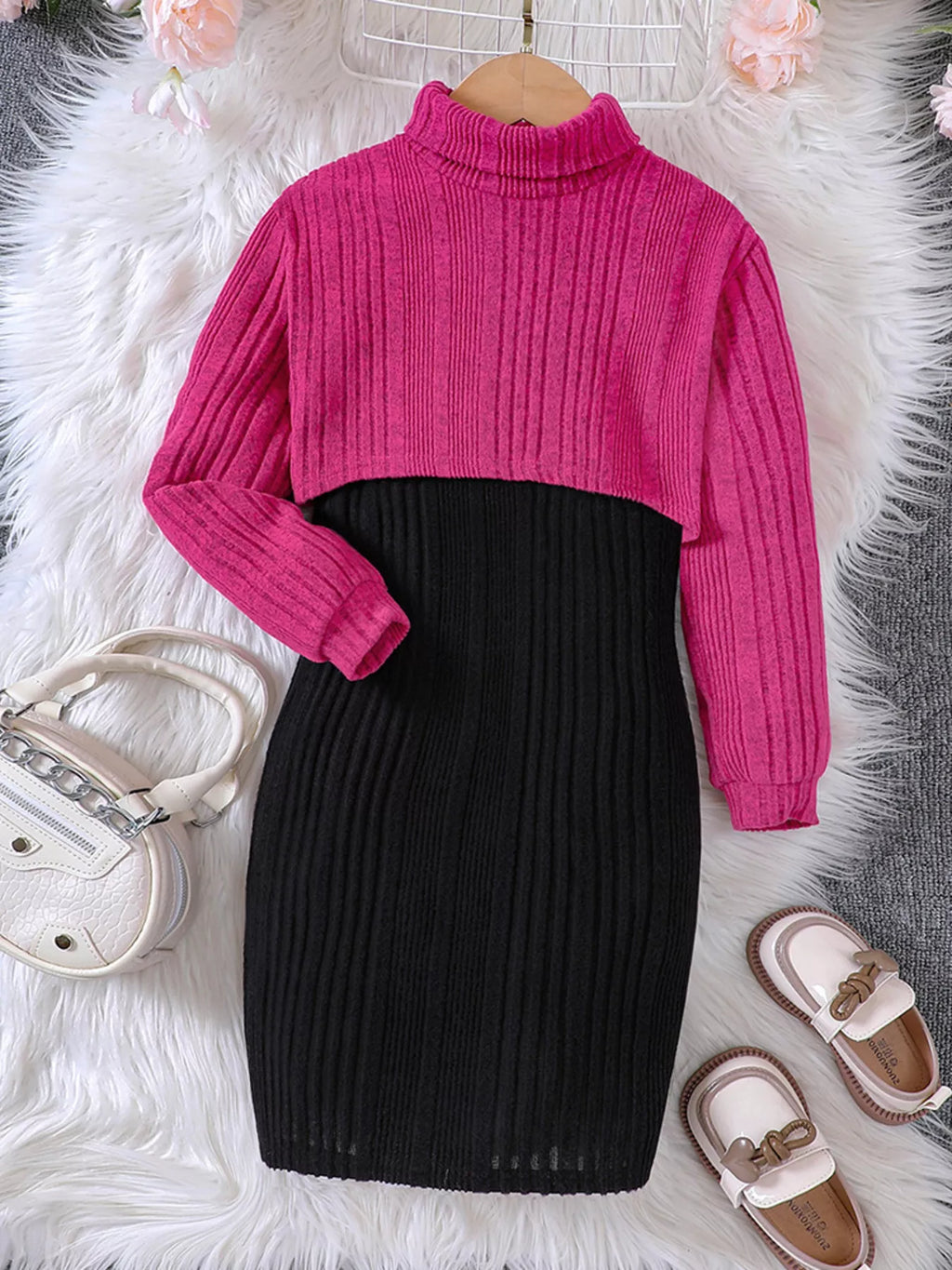 Children's Ribbed Knit Two-Tone Dress Set by Trendsi