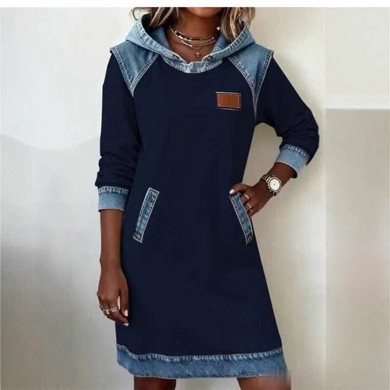 Best Seller Denim Color Matching Ladies Hoodie Skirt