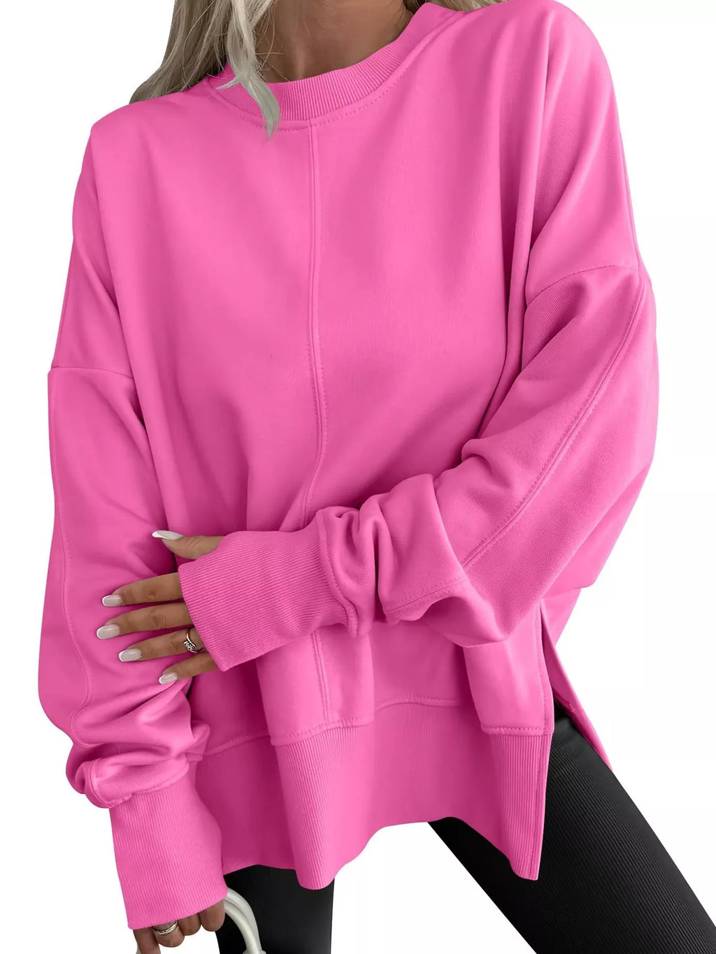 Side Slit Round Neck Long Sleeve Sweatshirt by Trendsi