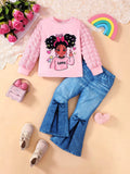 Children's Graphic Long Sleeve Top & Flare Jeans Set by Trendsi