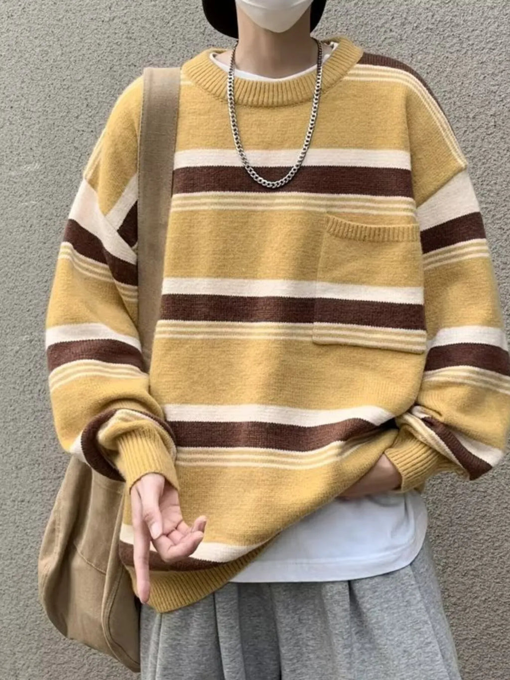 Men's Striped Knit Dropped Shoulder Sweater by Trendsi