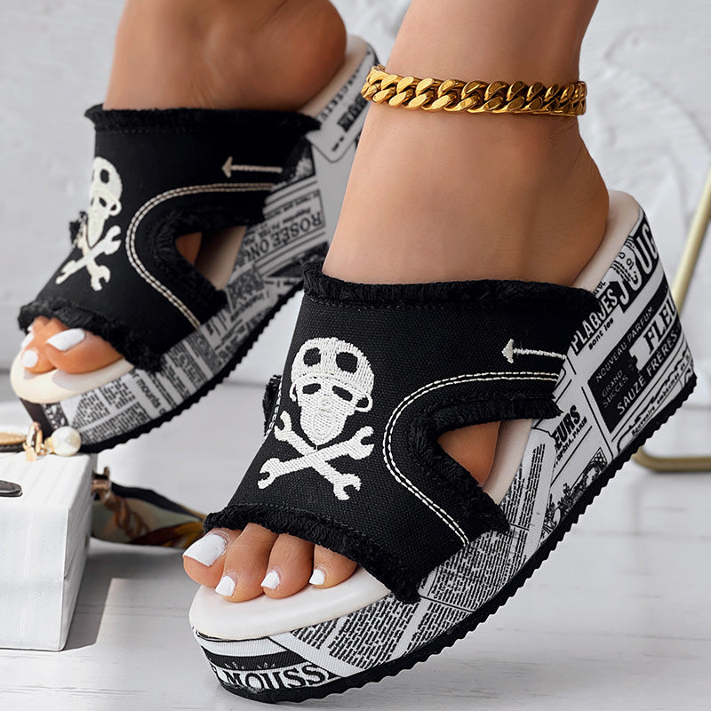 Newspaper Skull Original Hem Platform Wedge Slides - Anklet Not Included